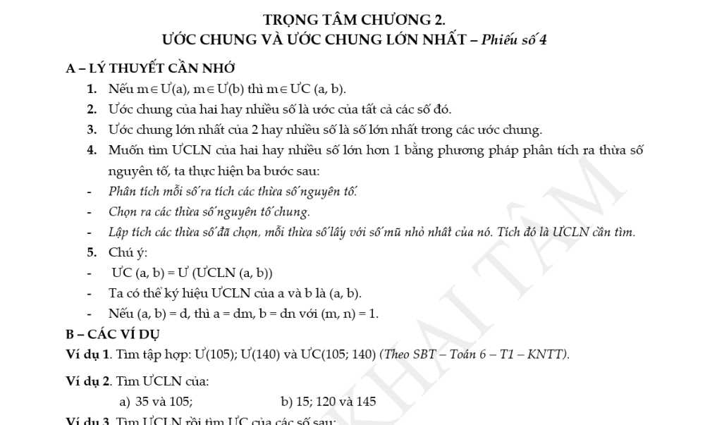 Toán 6: Trọng tâm Chương 2. Phiếu số 4: Ước chung và Ước chung lớn nhất